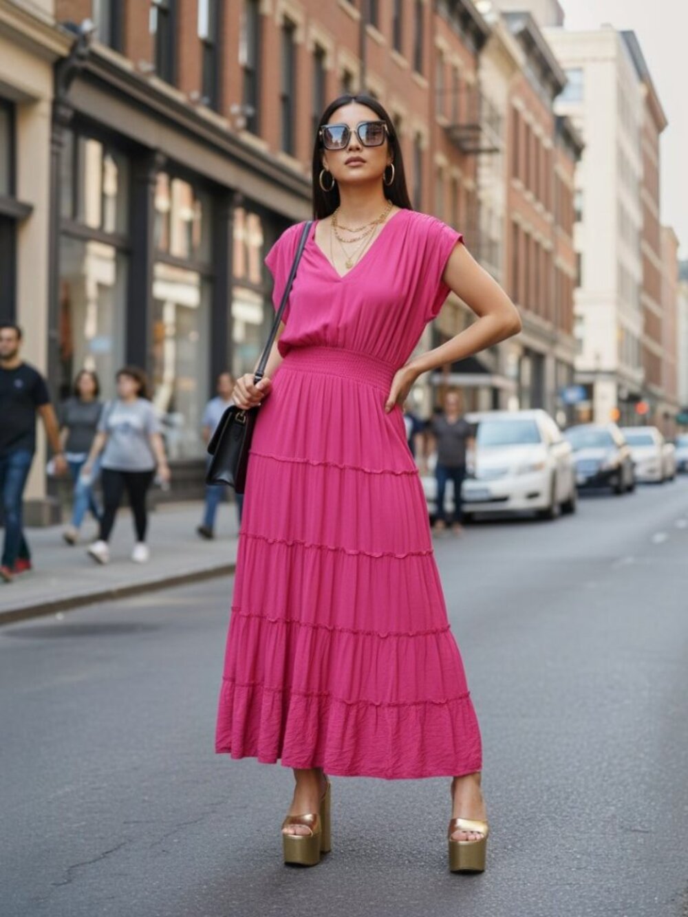 Vince Camuto Fuchsia V-Neck Tiered Maxi Dress Size L